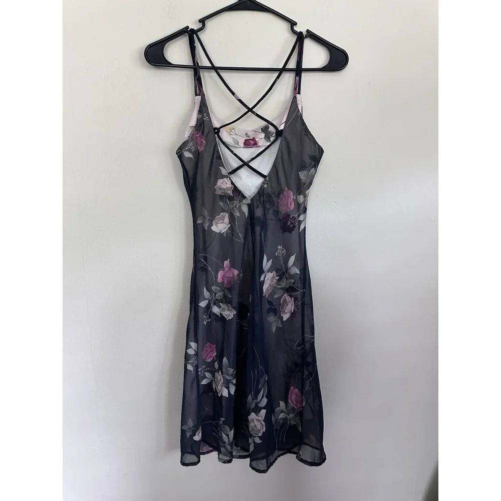 VTG Y2K Floral Slip Dress Coquette Fairy Grunge Sheer Mesh Strappy SMALL/MEDIUM